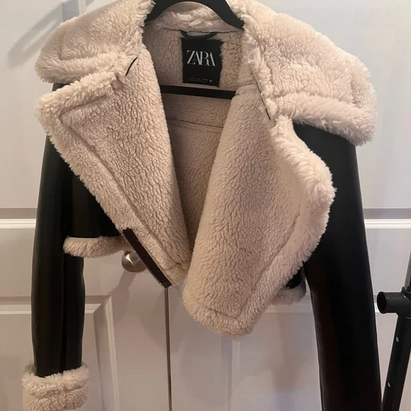 ❌sold❌ zara brown/cream faux fur cropped jacket with fur trim - Picture 4 of 5